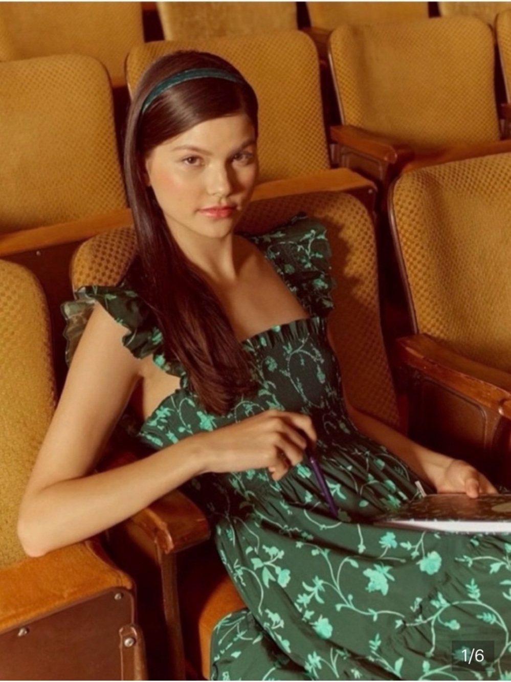 Hill House Forest Green Floral Ruffle-Shoulder Midi Dress